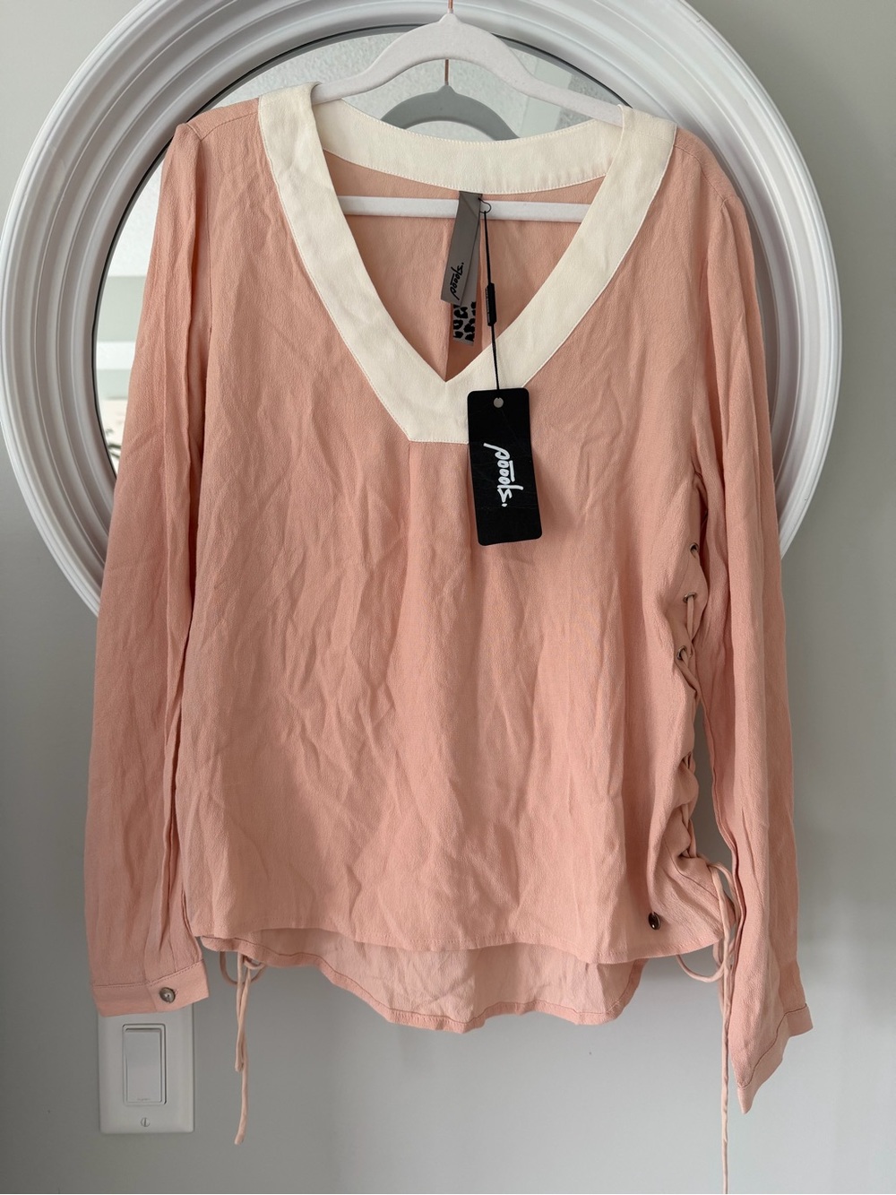Peach V-Neck Blouse with Cream Contrast Trim